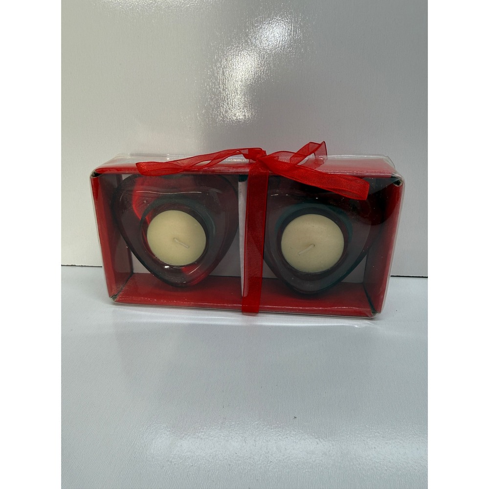 Devrian Global Red Glass Heart Candle Holders Set of 2 with Tea Lights 2954a